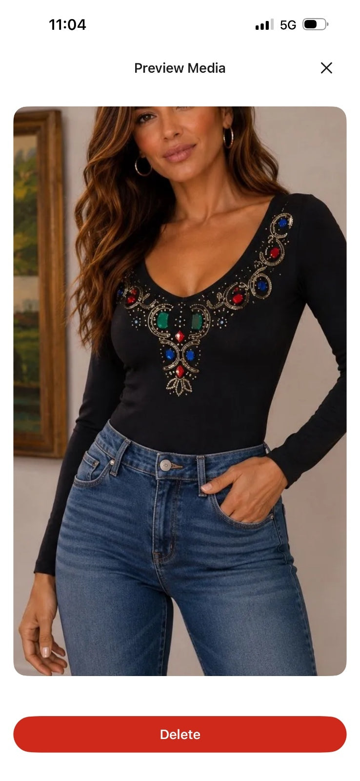 Black Jewel Embellished Long Sleeve Bodysuit