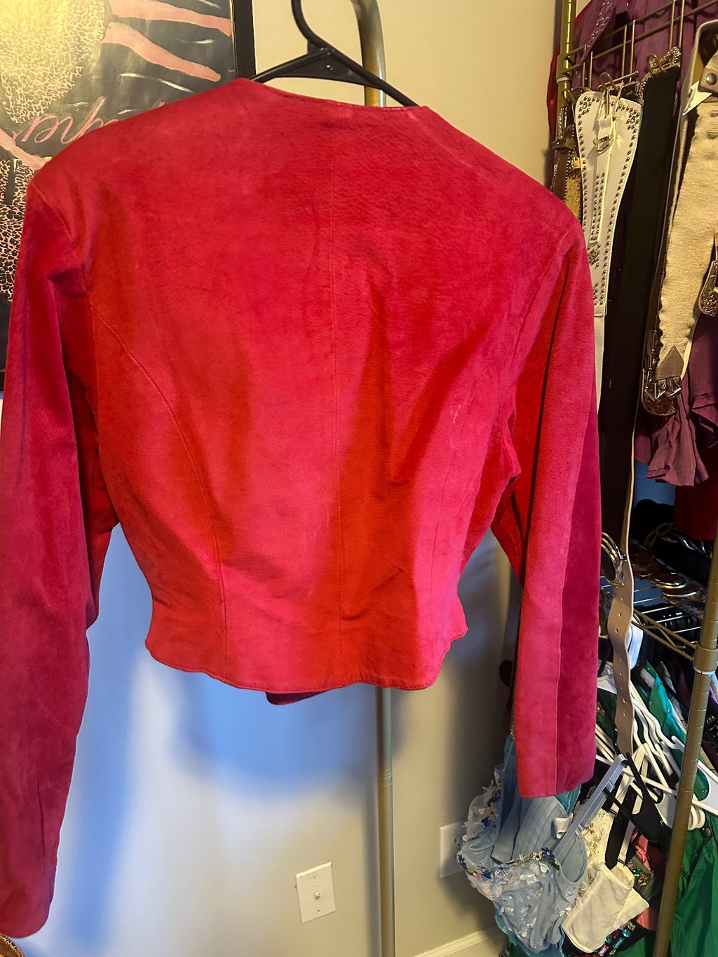 Chia Red Leather Two-Piece Cropped Jacket & Mini Skirt Set