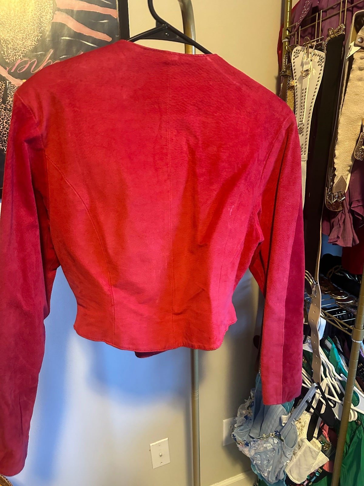 Chia Red Leather Two-Piece Cropped Jacket & Mini Skirt Set