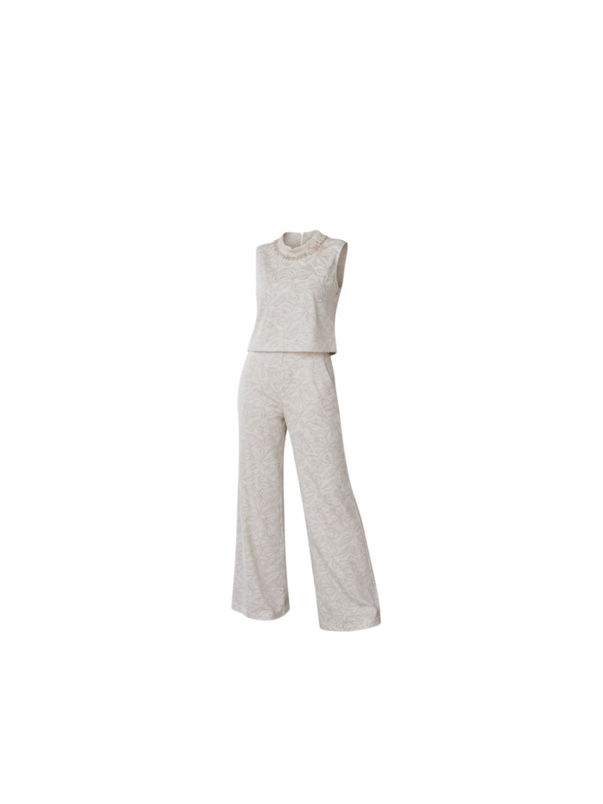 Ivory Jacquard Two-Piece Top & Wide-Leg Pants Set