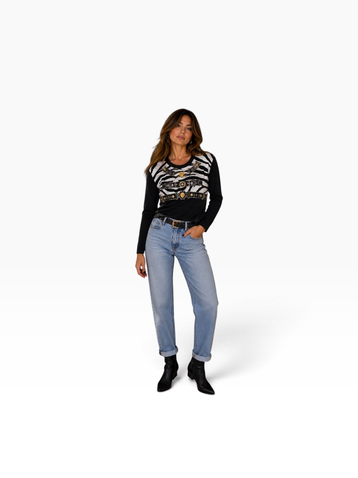 Vintage Miss V Black Zebra & Gold Belt Print Top