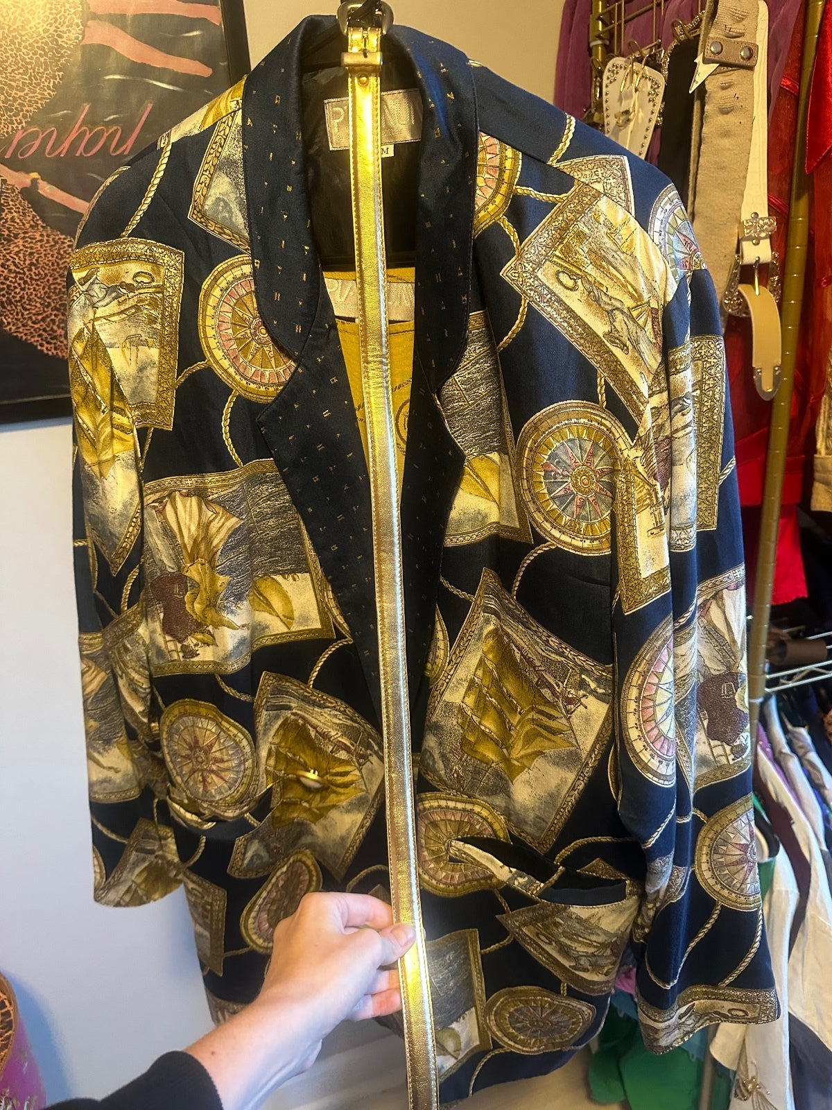 Vintage Platinum Nautical Print Blazer, Belt & Mustard Gold Tank Top