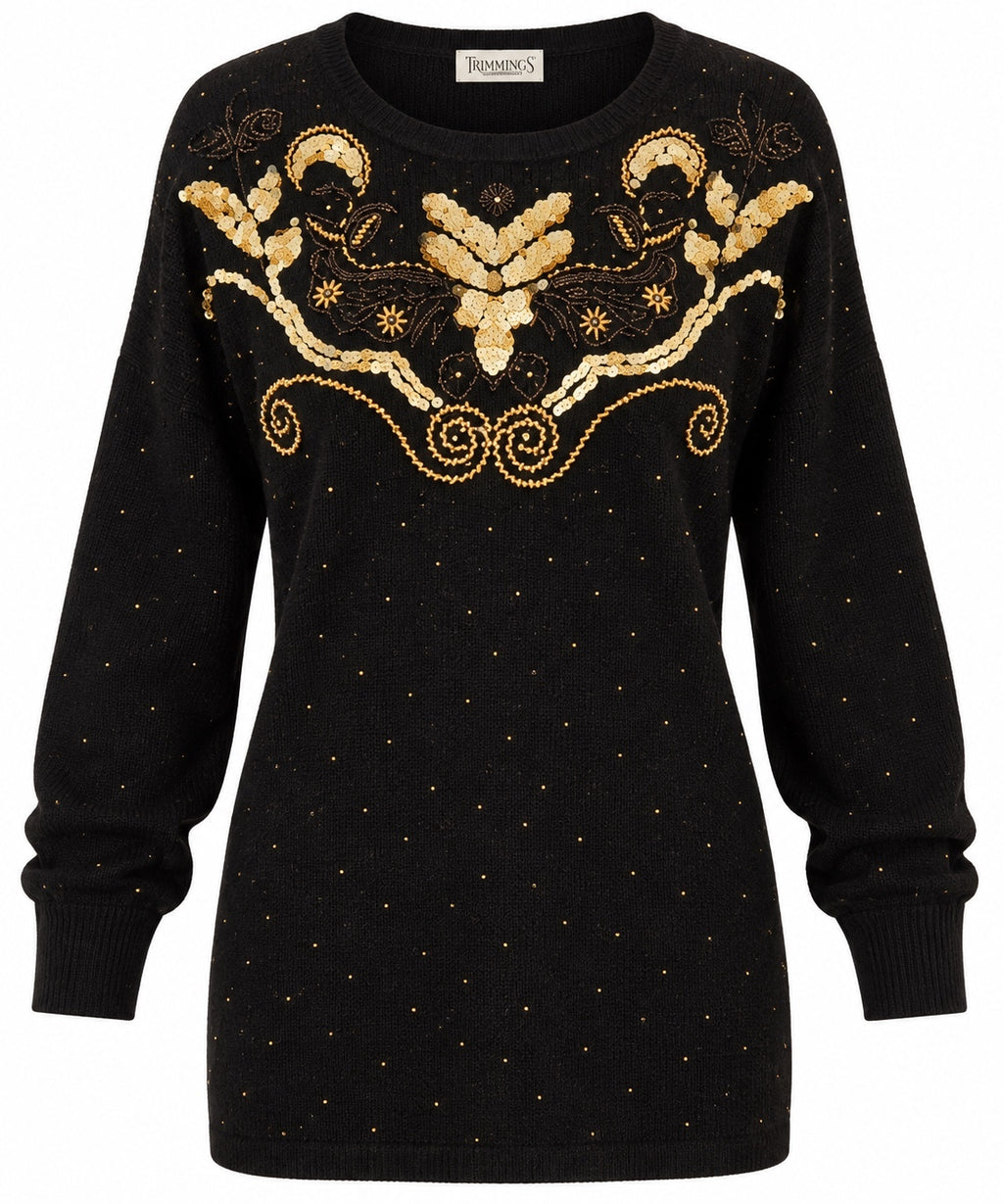 Vintage Trimmings Black & Gold Embellished Tunic Sweater