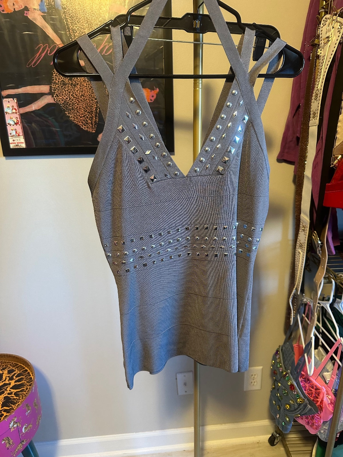 Caché Gray Studded Top & Skirt Set