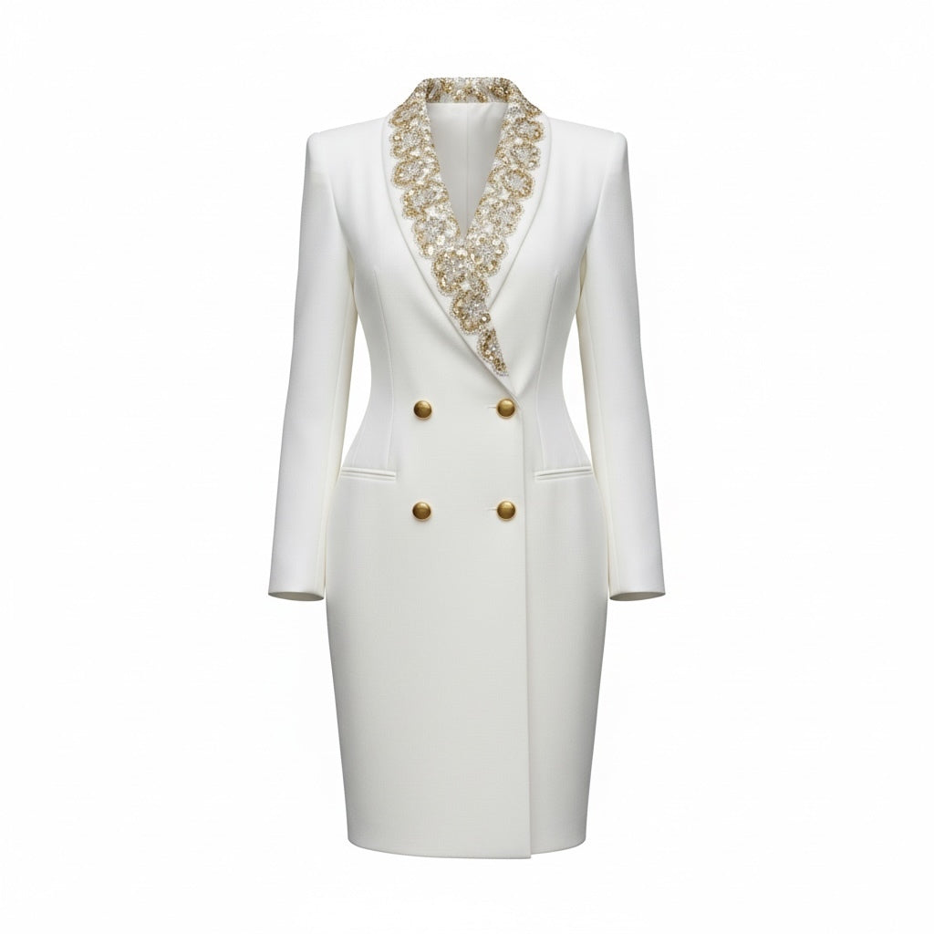 Ivory & Gold Embellished Longline Blazer
