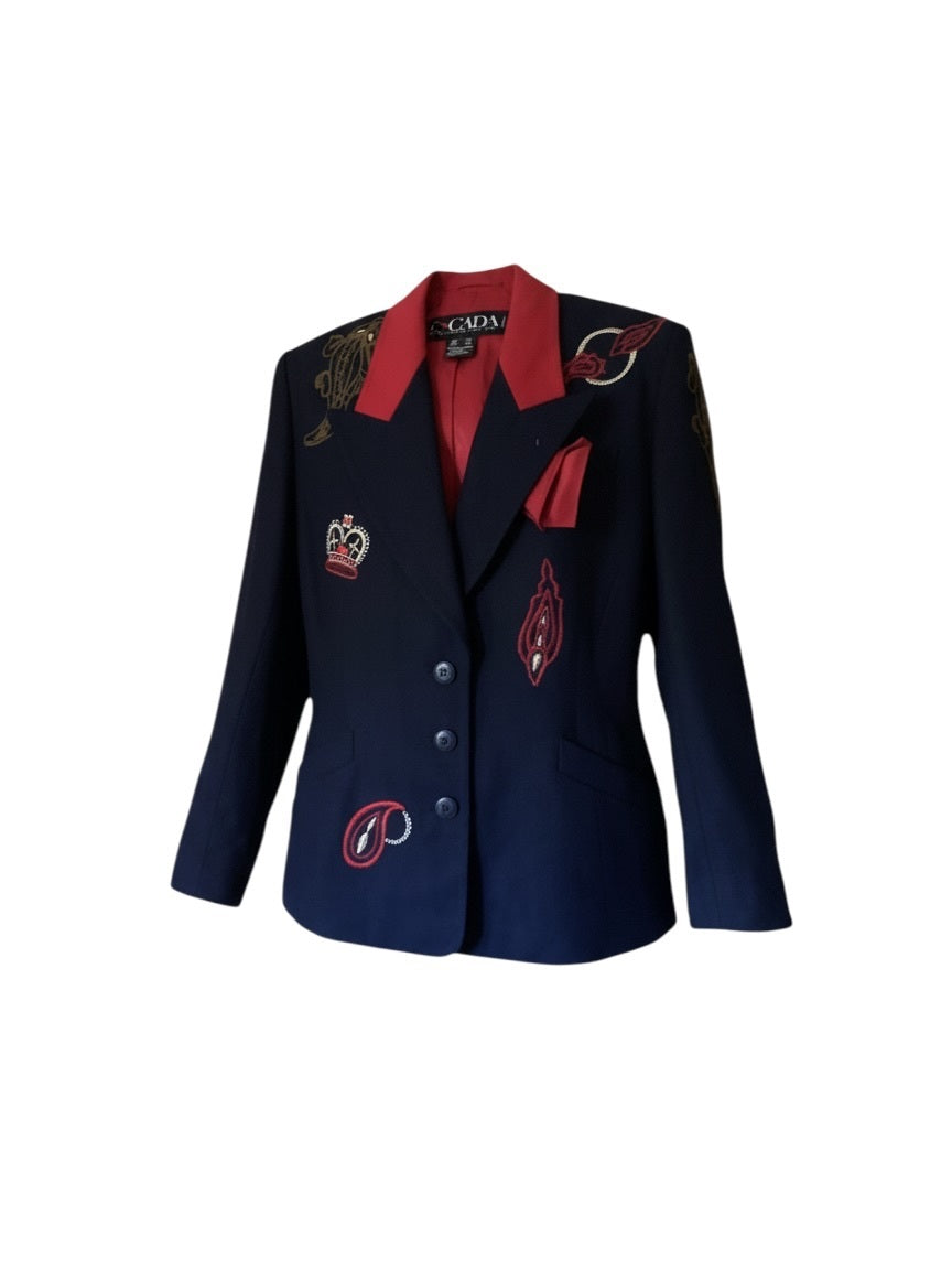 Vintage Escada Embroidered Navy & Red Blazer 40