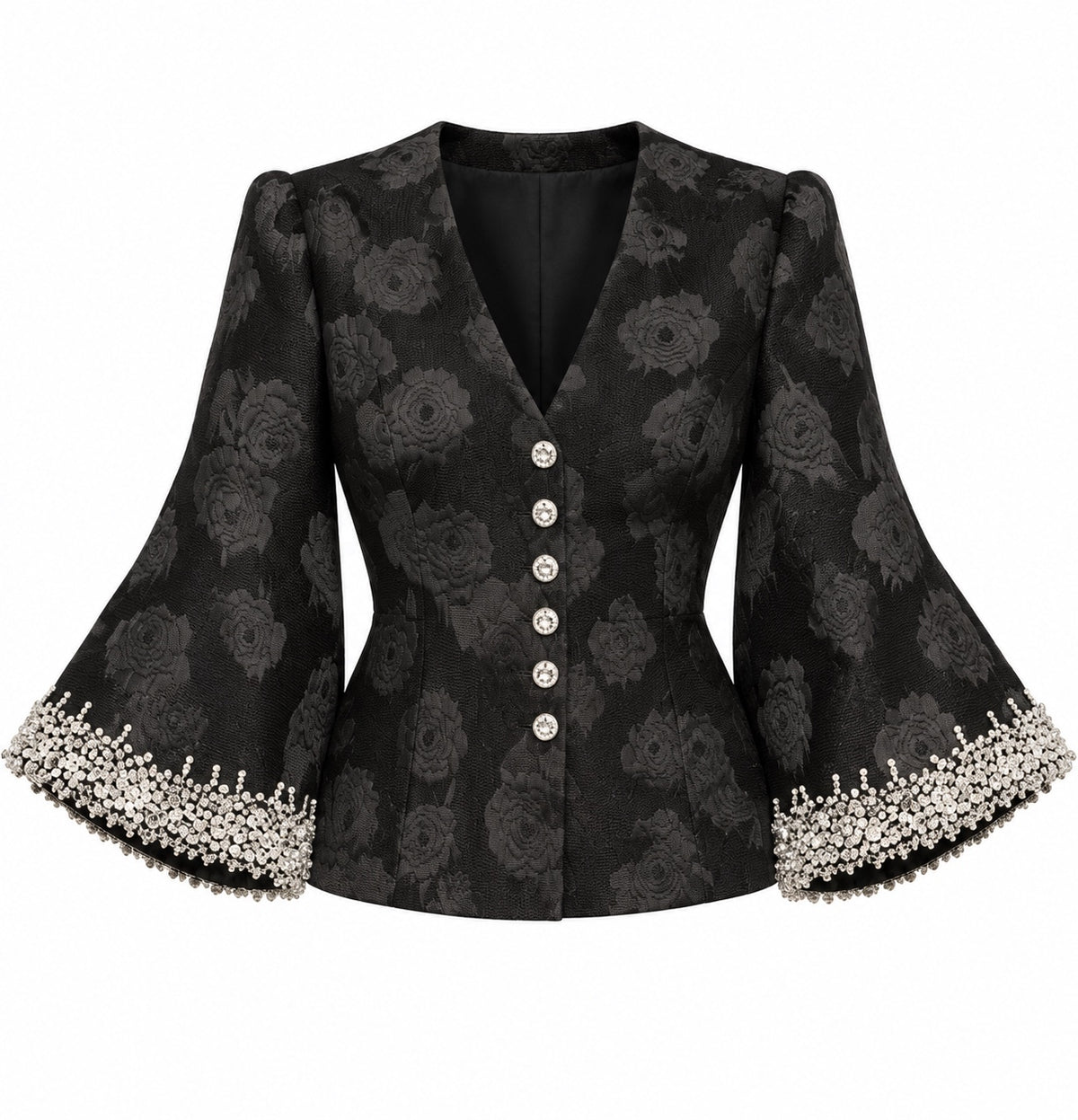 Leon Paule Originals Black Embellished Floral Jacquard Blazer