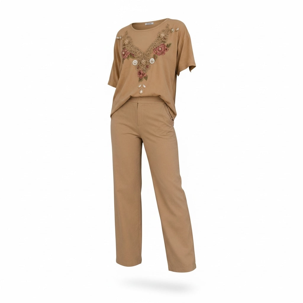 Tan Floral Embellished Top & Wide-Leg Pants Set