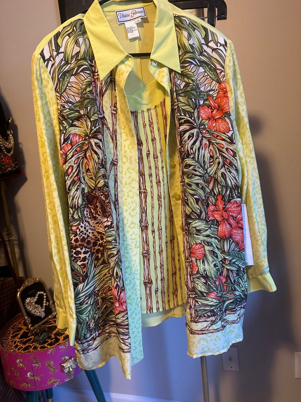 Vintage Diane Gilman Silk Tropical Print Two-Piece Blouse & Tank Set