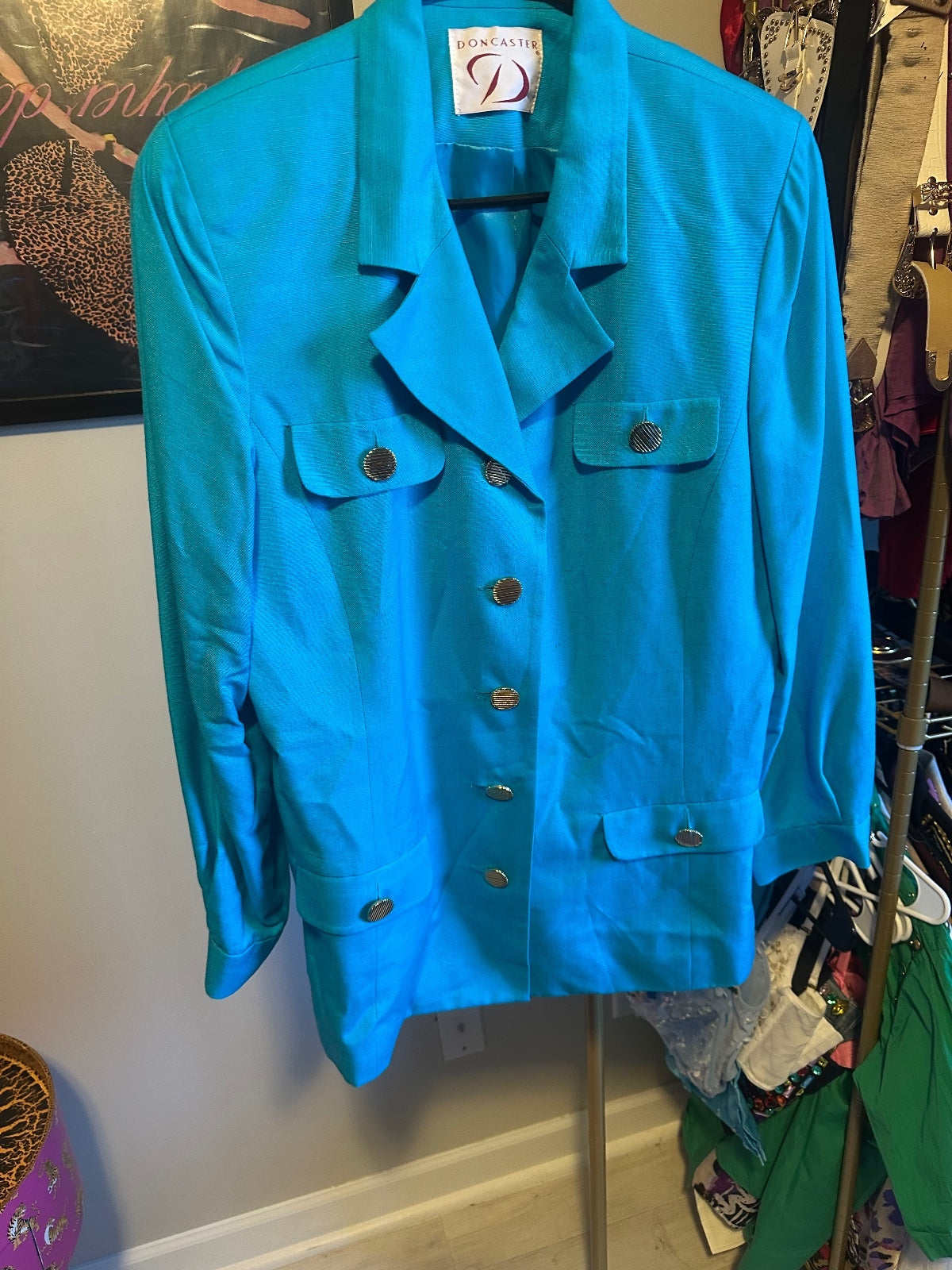 Doncaster Vintage Turquoise Gold Button Skirt Suit