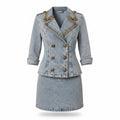 Vintage Cache Light Wash Denim Military Skirt Suit