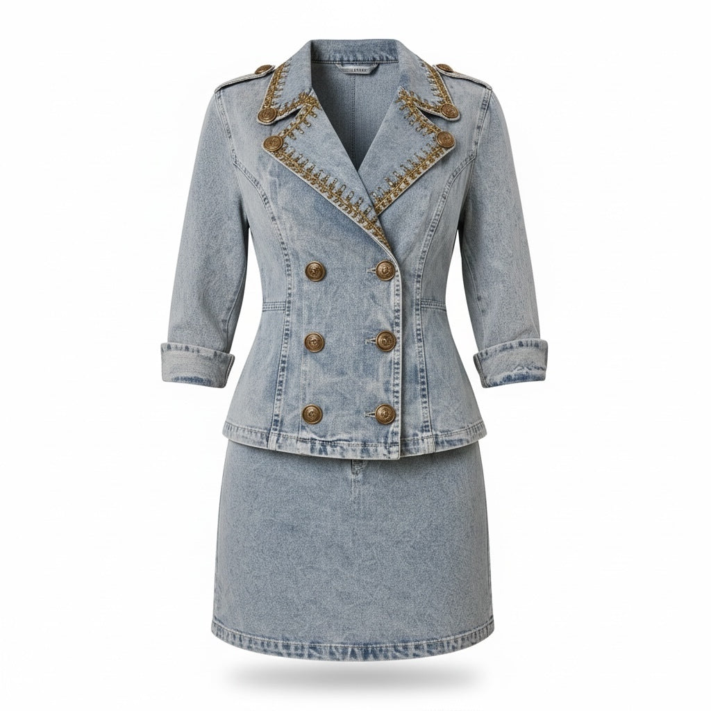 Vintage Cache Light Wash Denim Military Skirt Suit