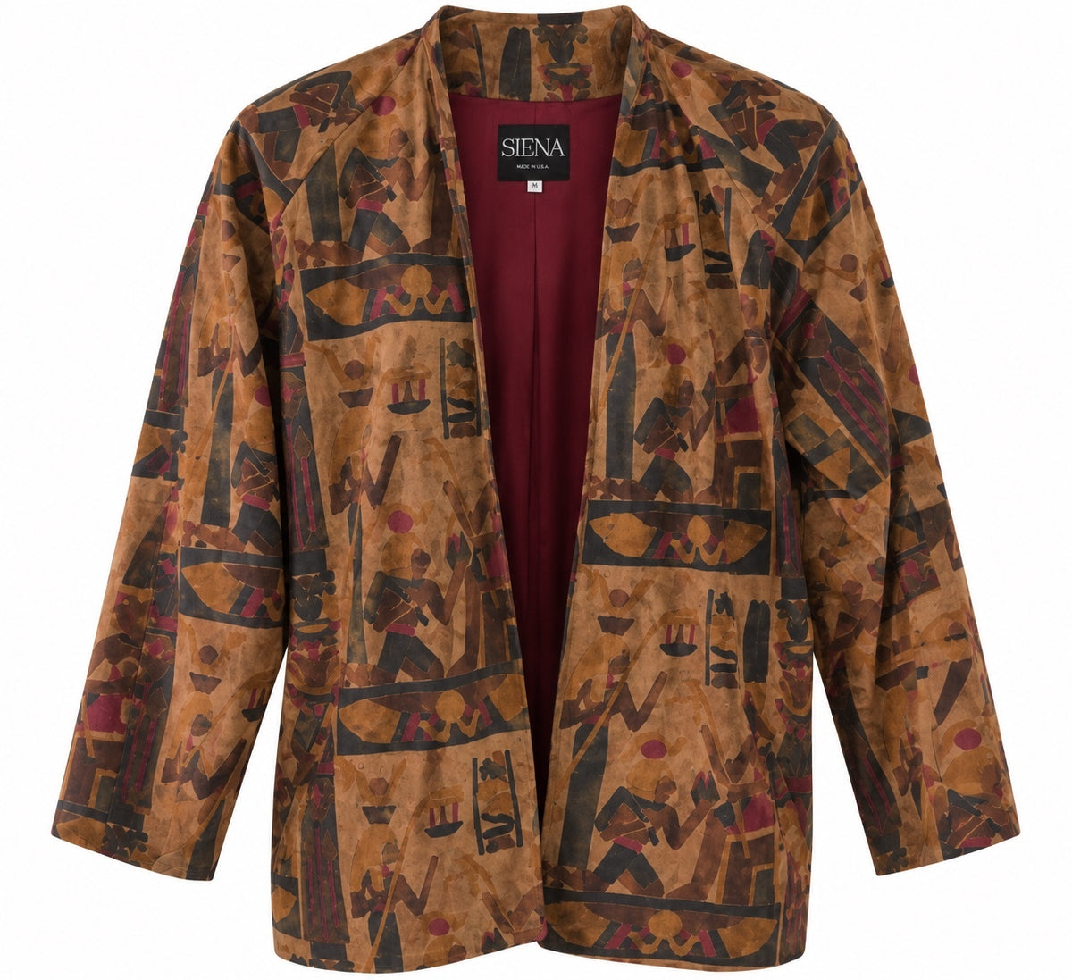 Vintage SIENA Genuine Leather Abstract Print Blazer – Brown & Burgundy