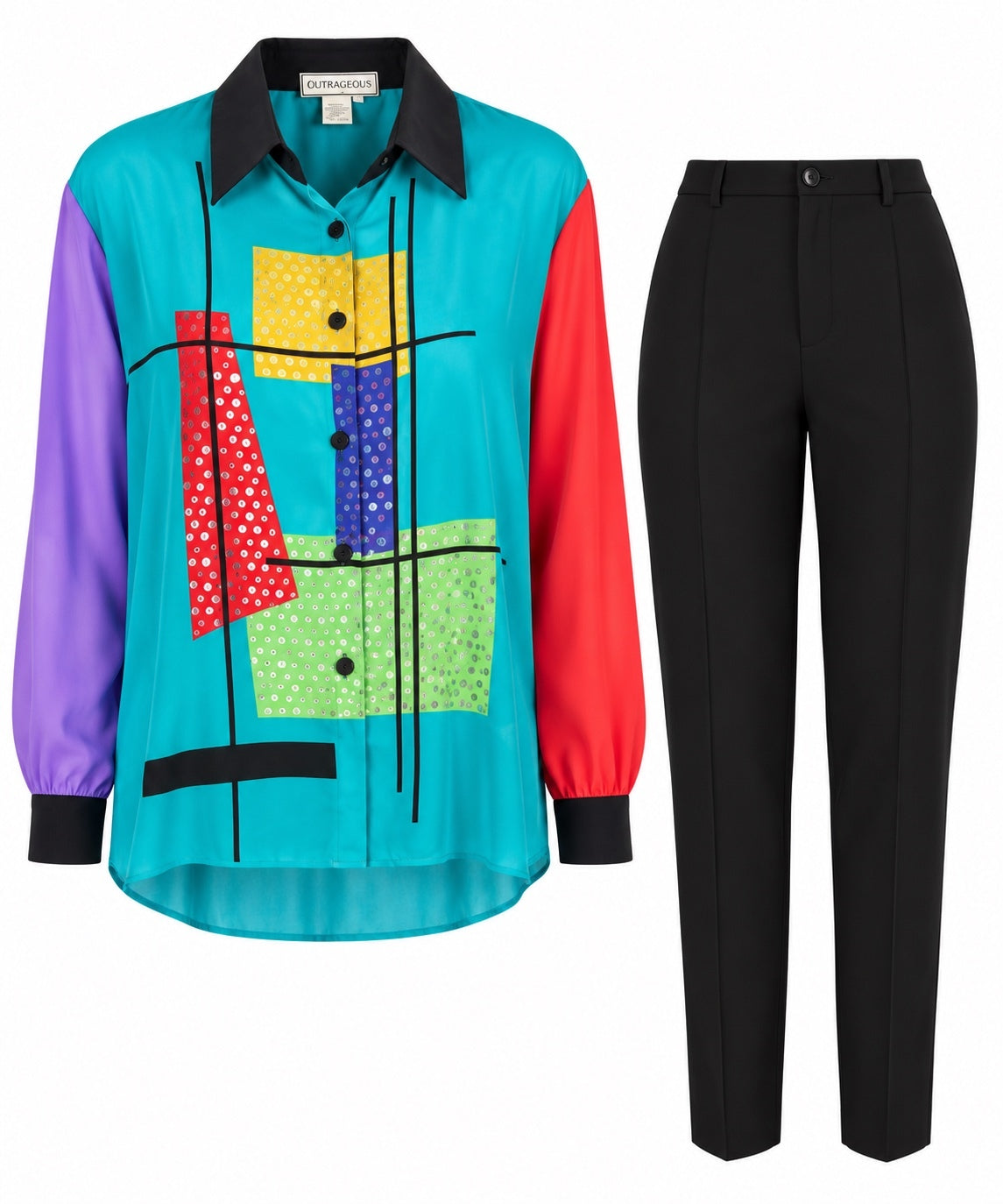 Vintage Diane Gilman 100% Silk Colorblock Top & Black Pants Set