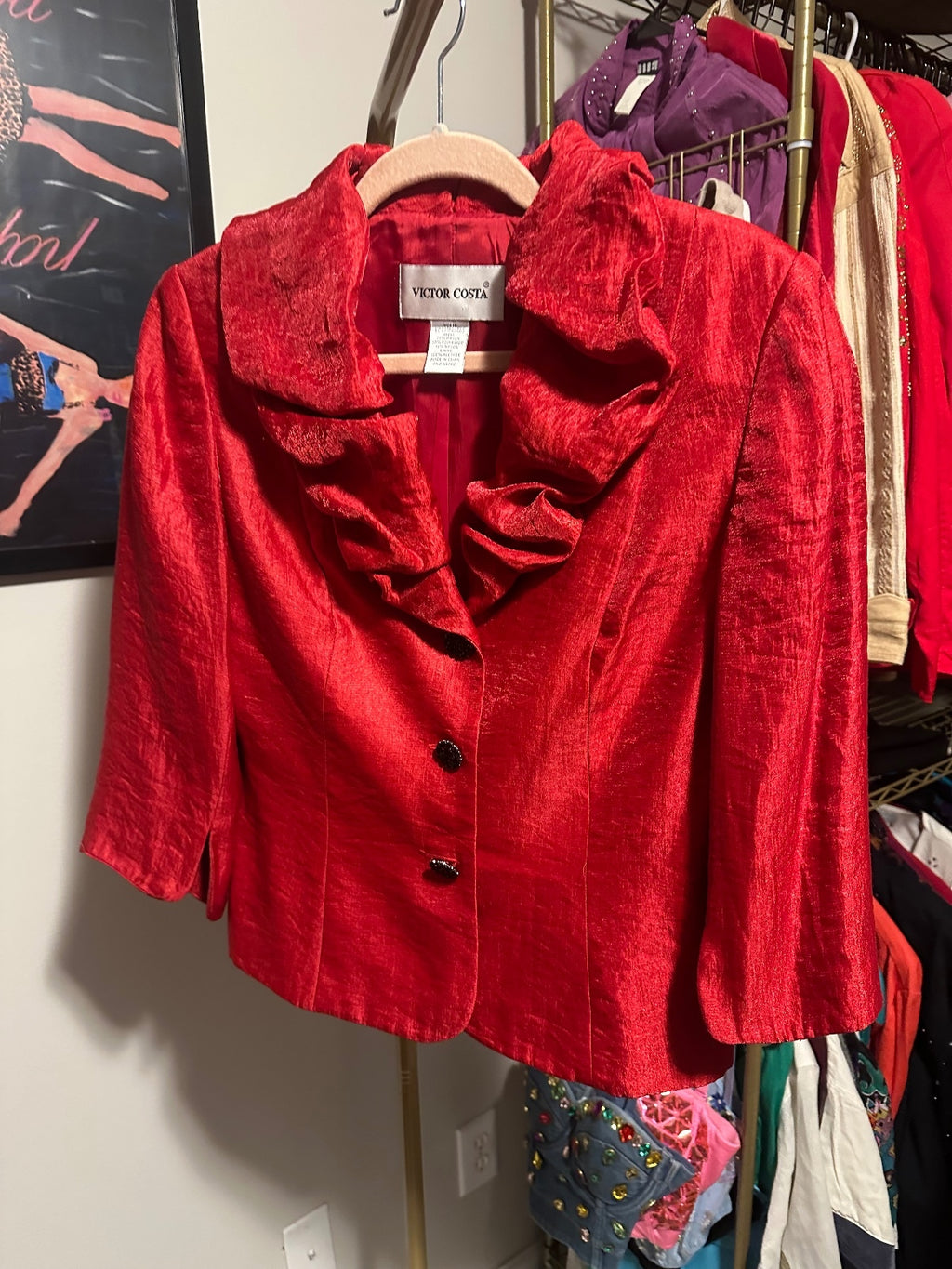 Victor Costa Coral Ruffle Collar Jacket