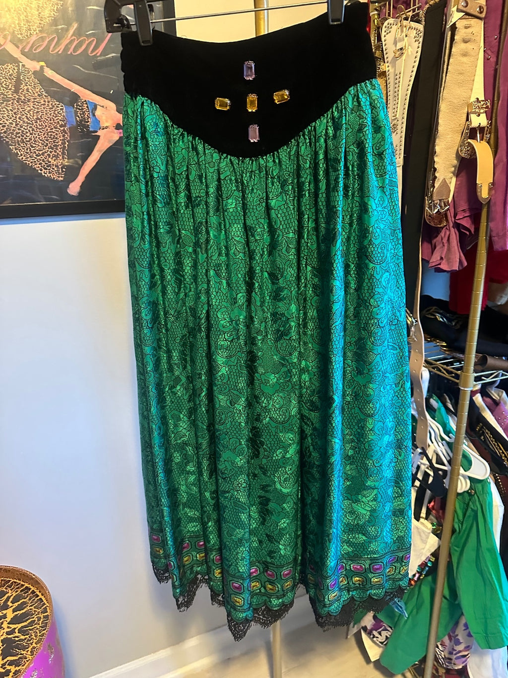 Vintage Oscar de la Renta 100% Silk Turquoise Midi Skirt