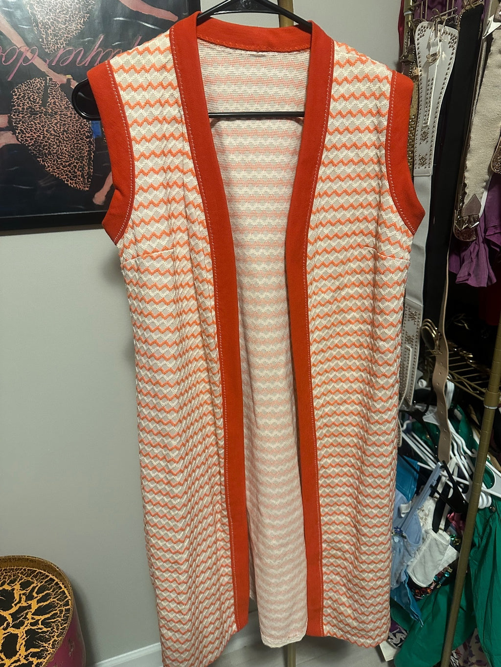 1970s Orange & Cream Knit Long Vest