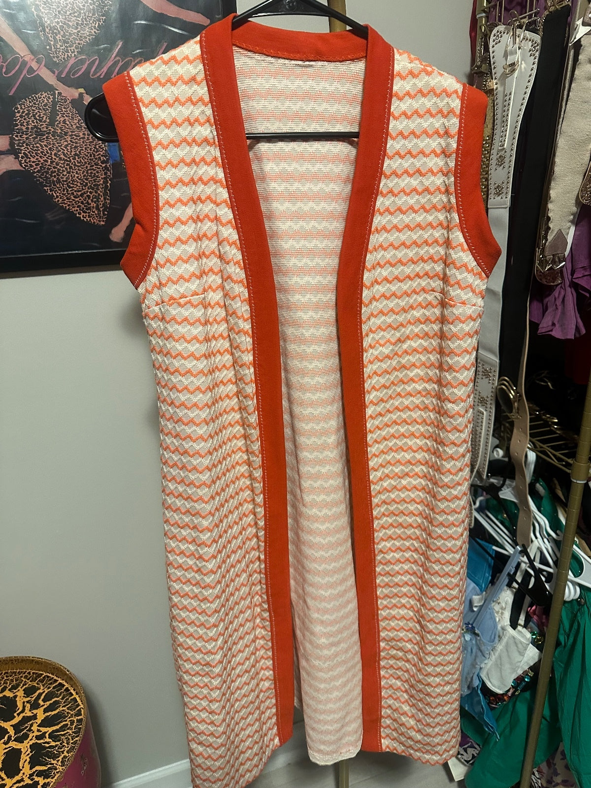 1970s Orange & Cream Knit Long Vest