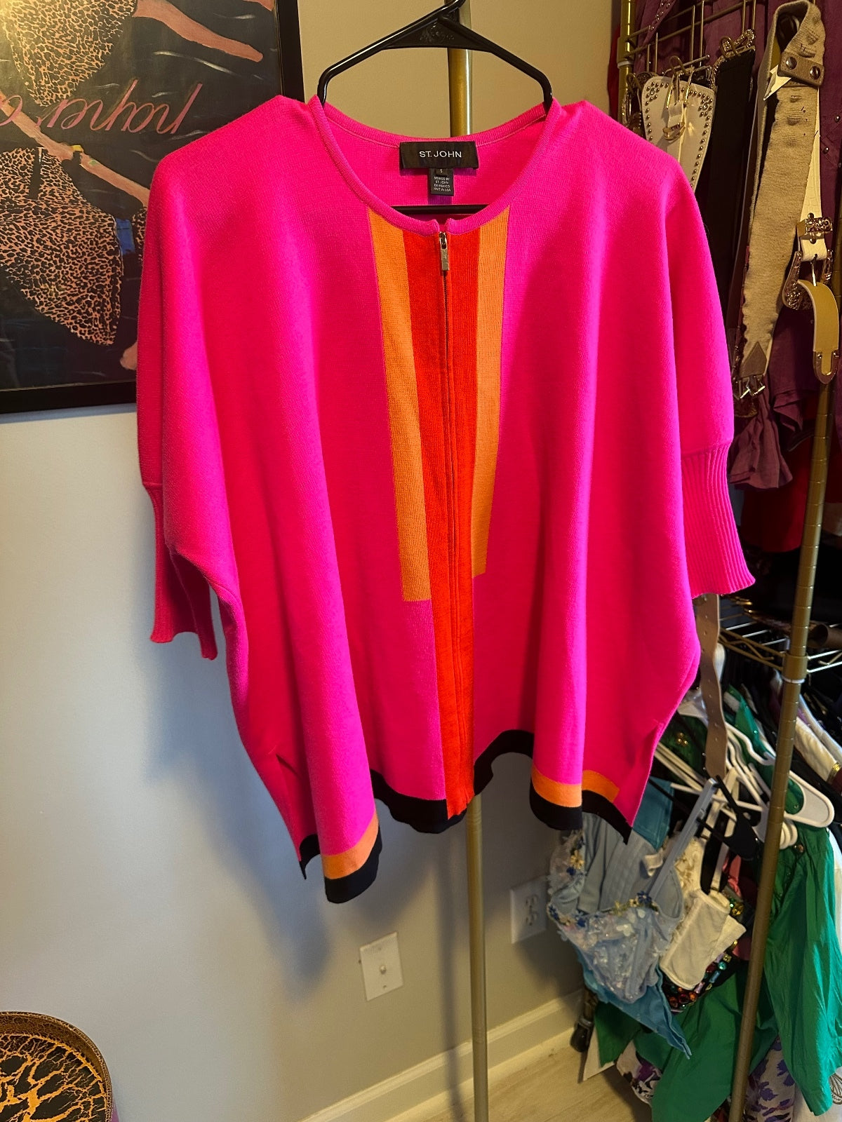 St. John Hot Pink Colorblock Zip Poncho