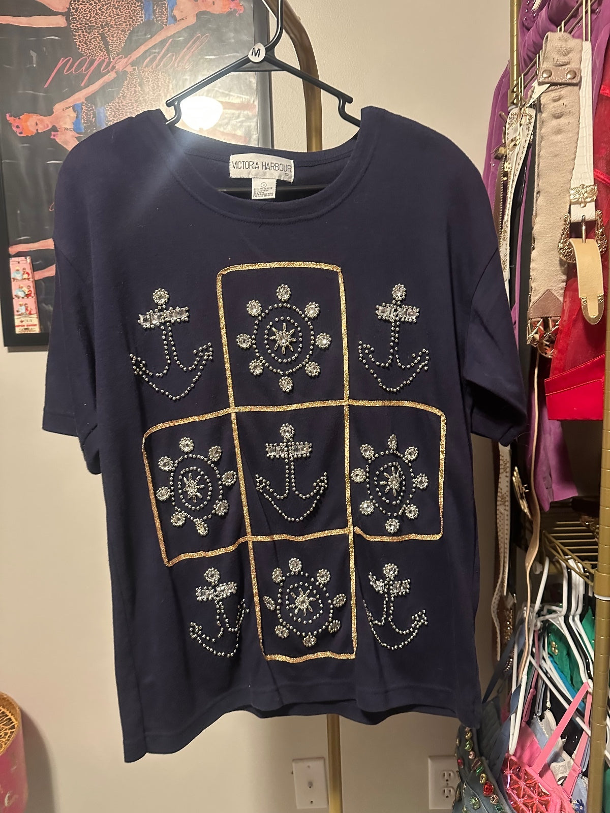 Navy Rhinestone Nautical Graphic T-Shirt
