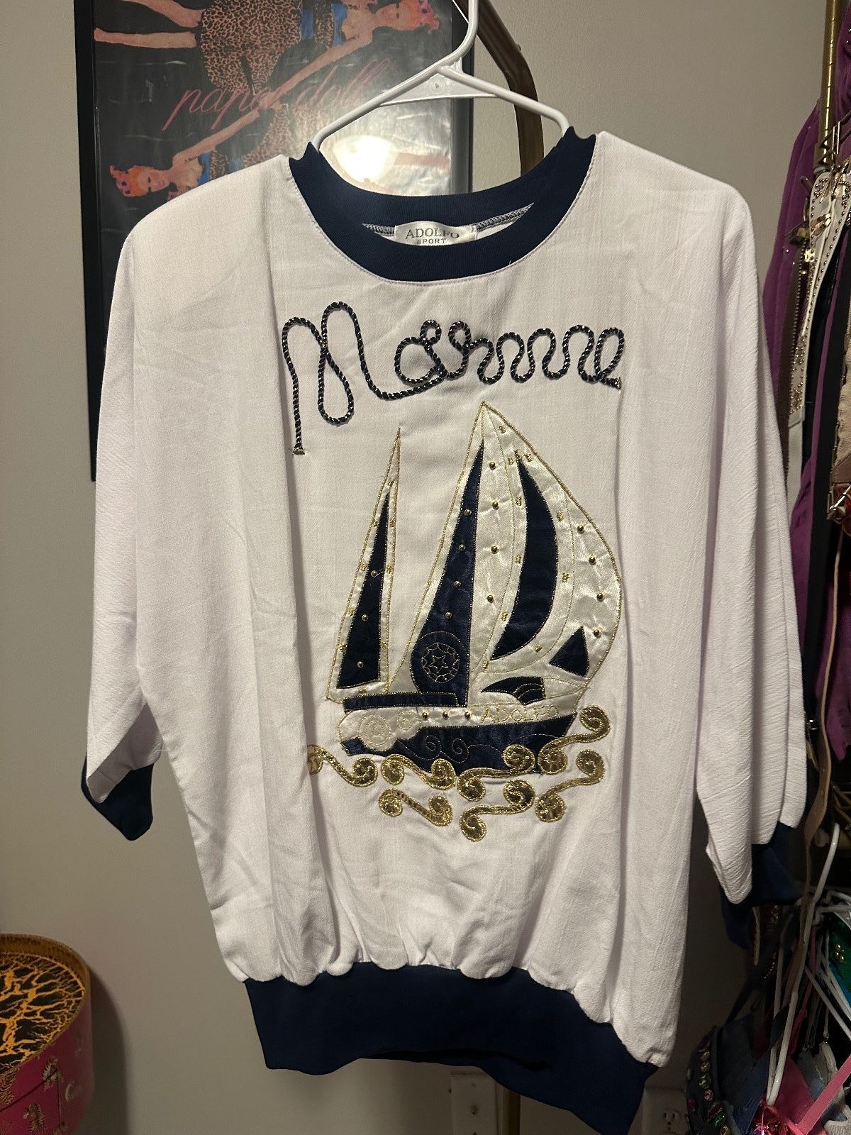 Adolfo Vintage Cream Nautical Sailboat Embellished Sweatshirt