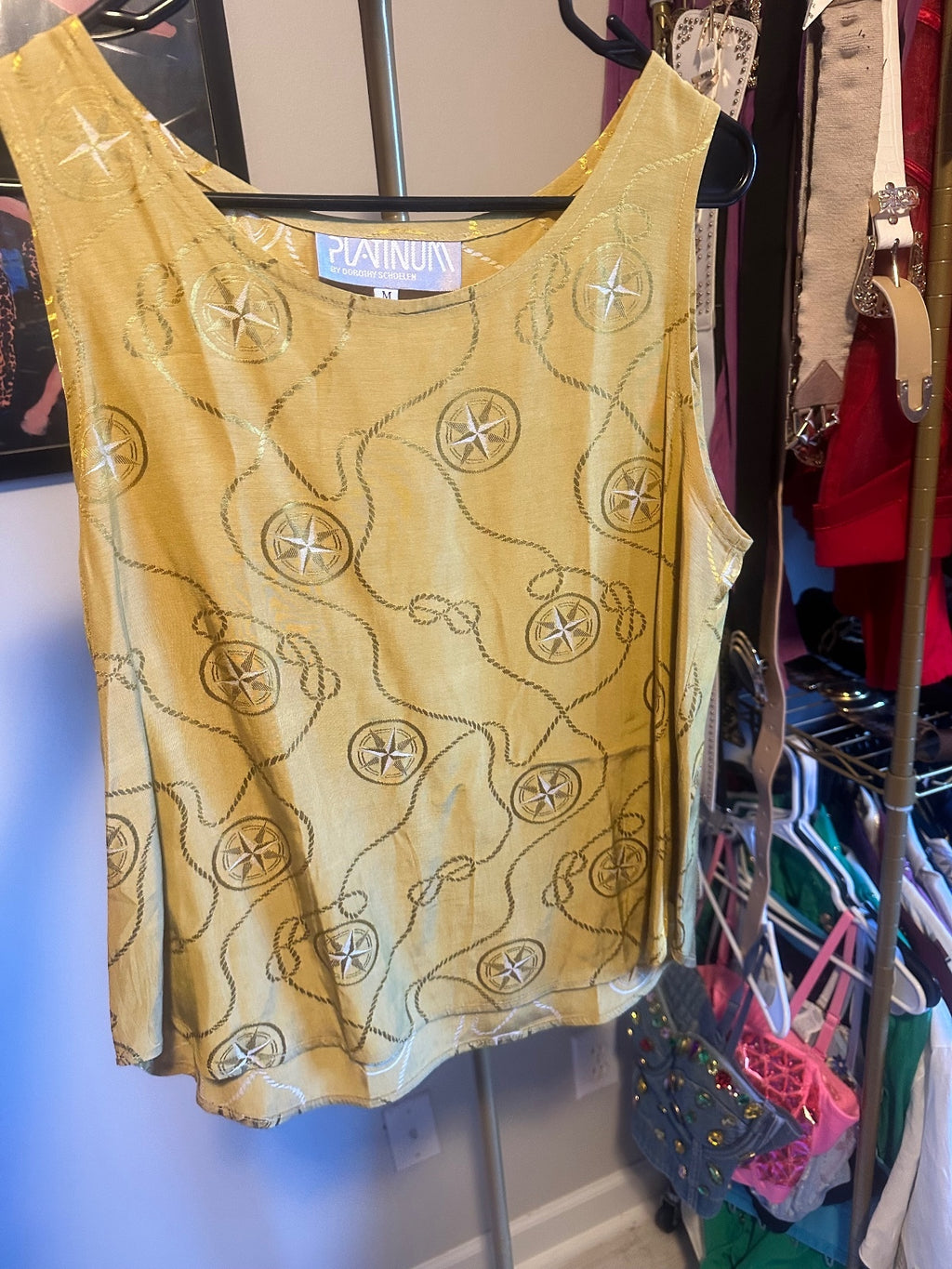 Vintage Platinum Nautical Print Blazer, Belt & Mustard Gold Tank Top