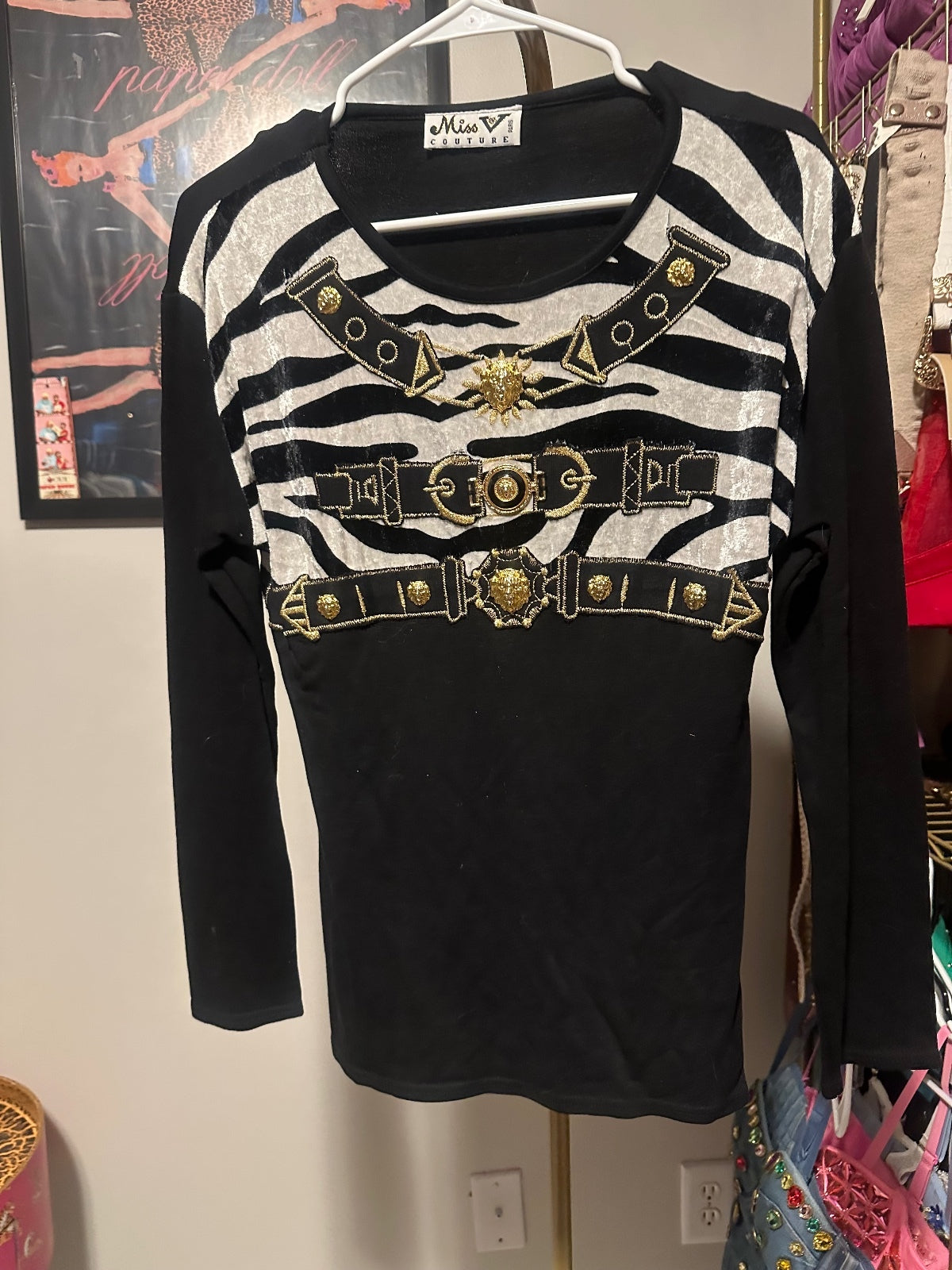 Vintage Miss V Black Zebra & Gold Belt Print Top