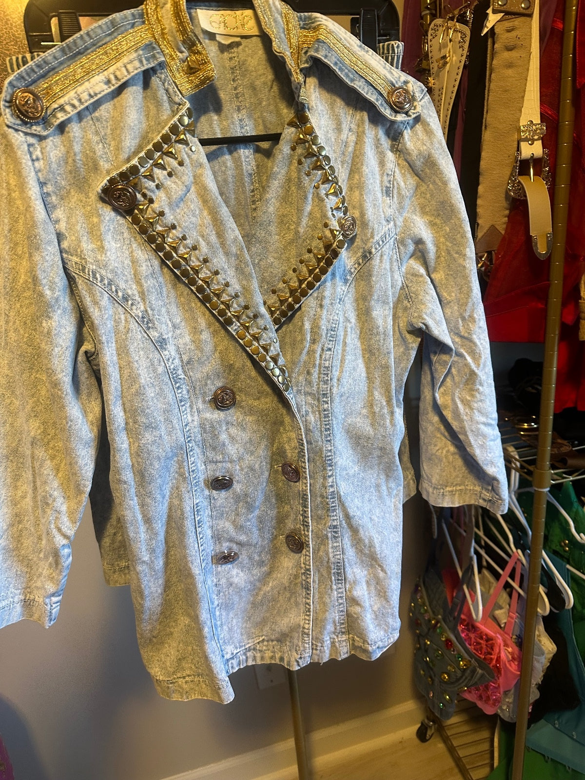 Vintage Cache Light Wash Denim Military Skirt Suit