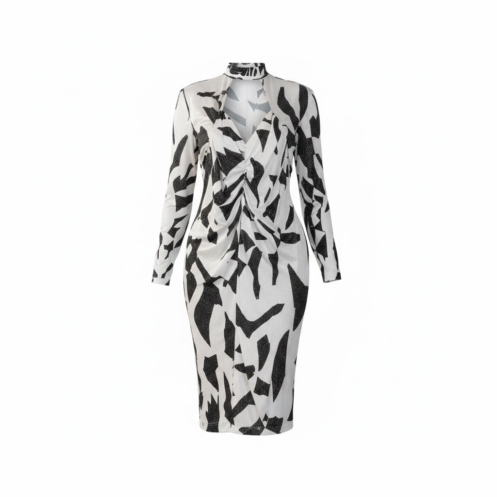 Black & White Abstract Print Ruched Midi Dress