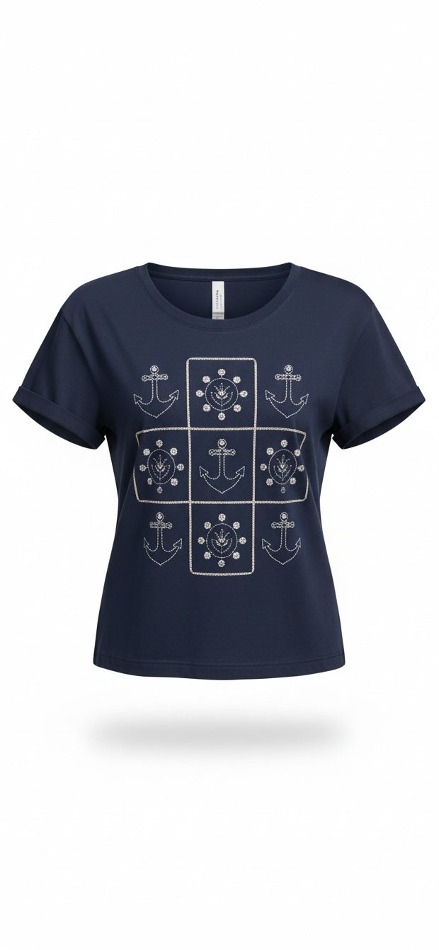 Navy Rhinestone Nautical Graphic T-Shirt
