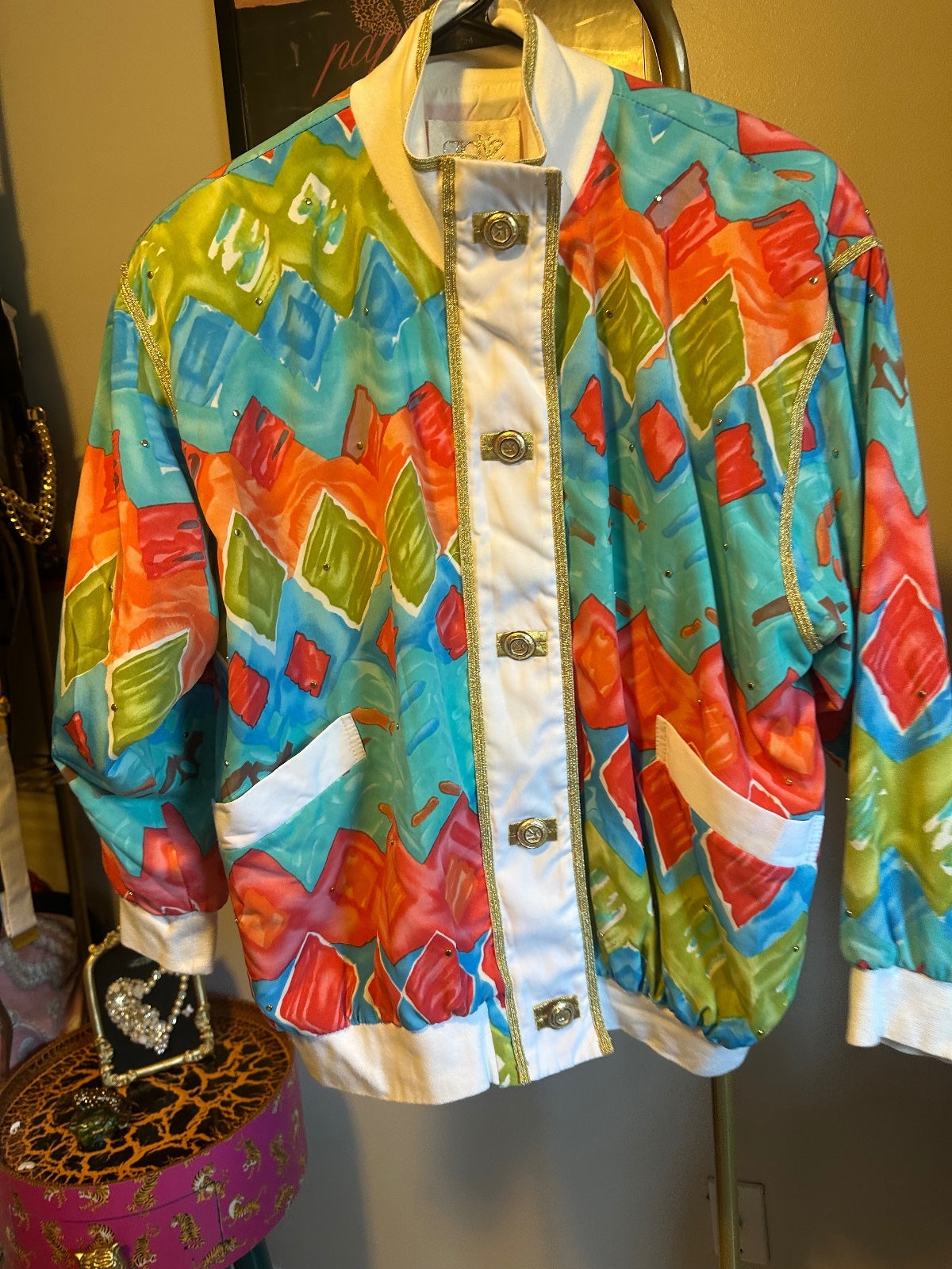 Vintage Cache Multicolor Abstract Bomber Jacket