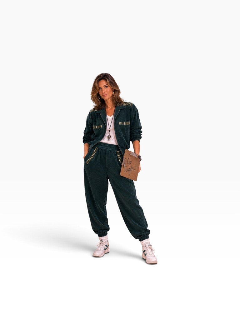 Vintage Dark Green Studded Jacket & Pants Set