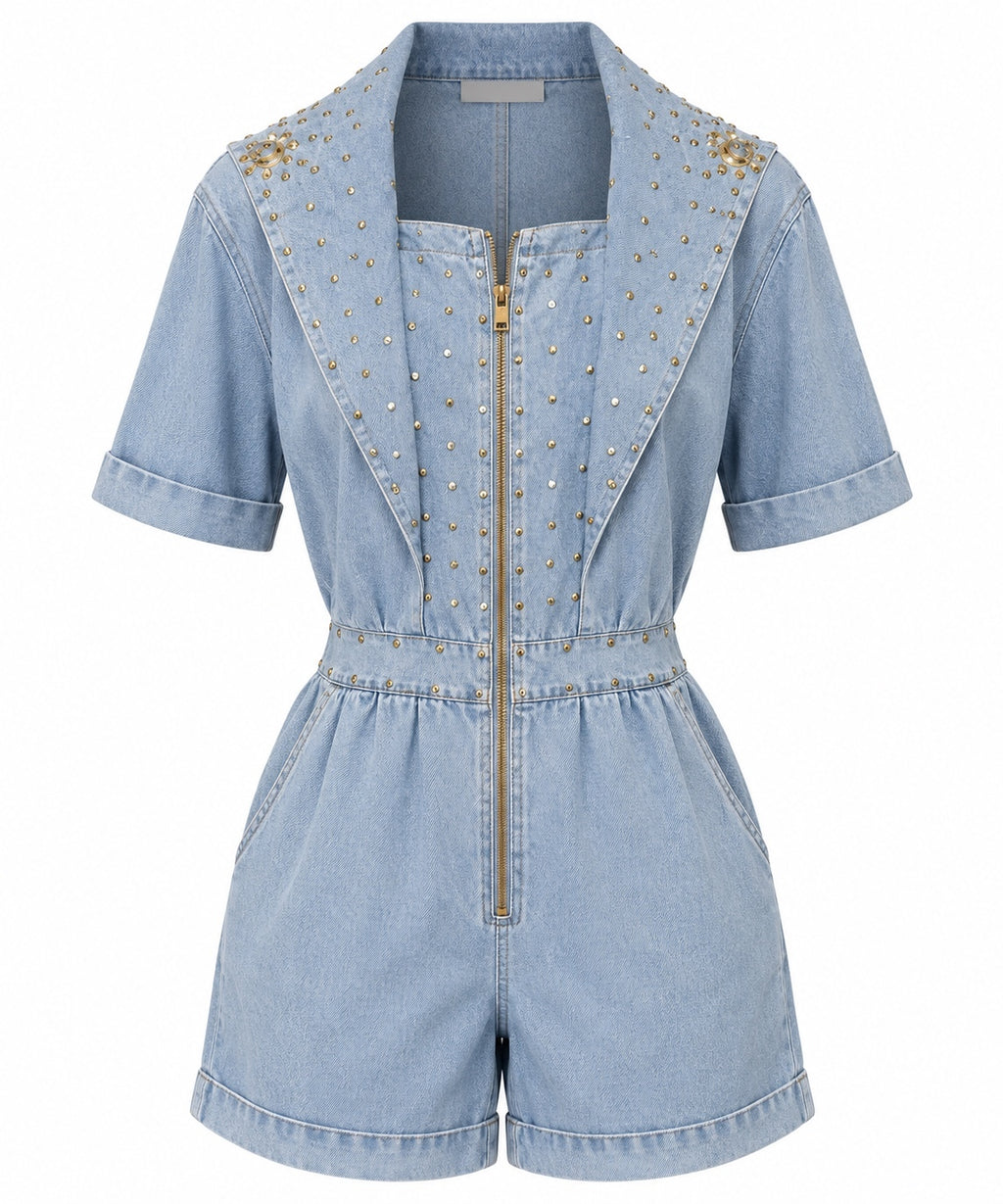 Vintage Cache Light Wash Studded Denim Romper