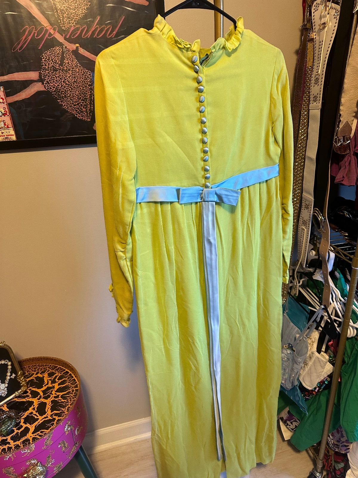 1960s Chartreuse Long Sleeve Maxi Dress