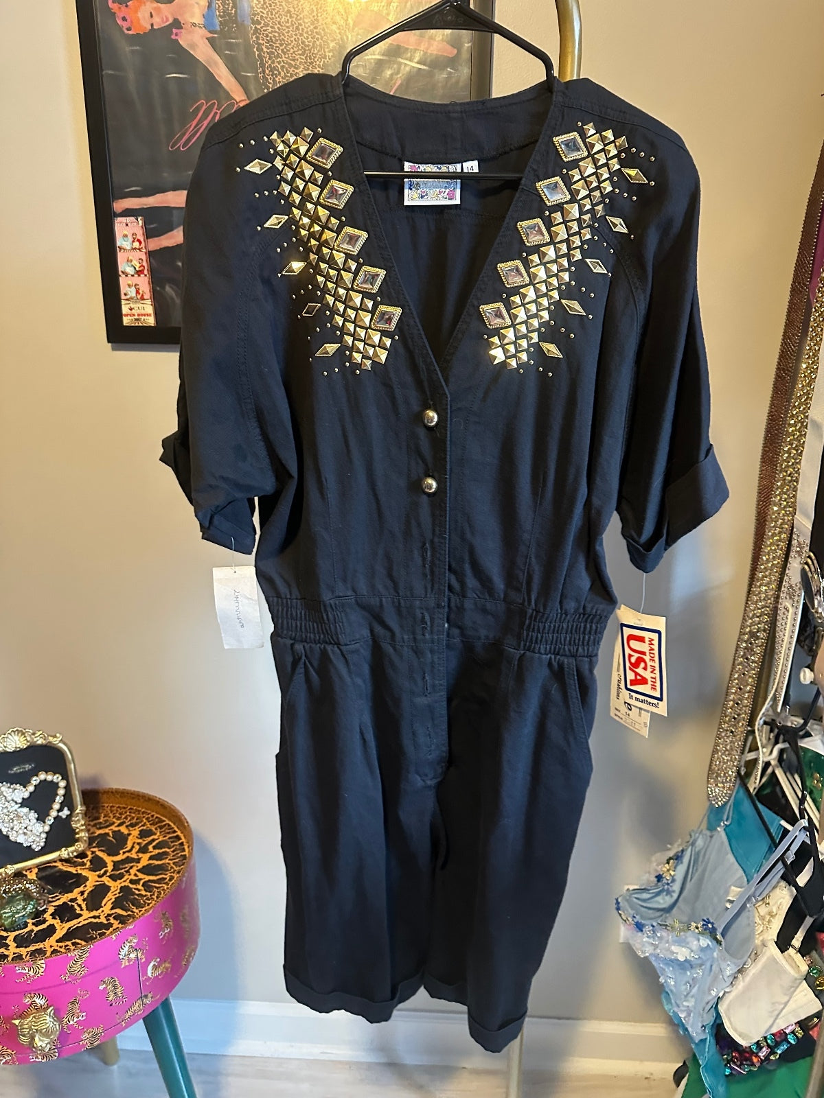 Black Gold-Embellished Romper