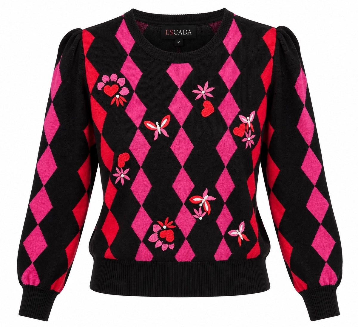 Vintage Escada Pink & Red Argyle Embellished Sweater 38
