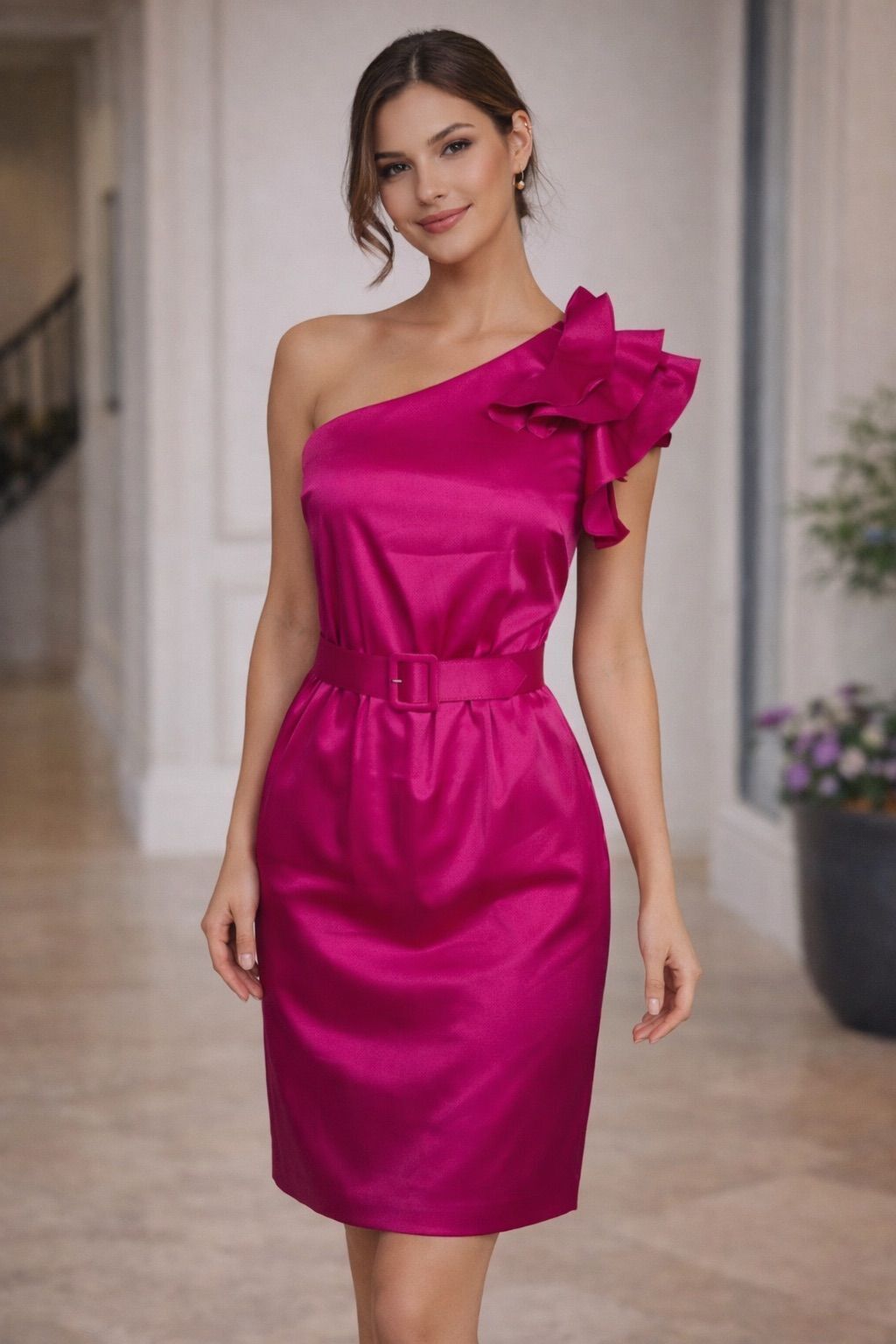Vintage Cache Fuchsia Satin One-Shoulder Ruffle Dress
