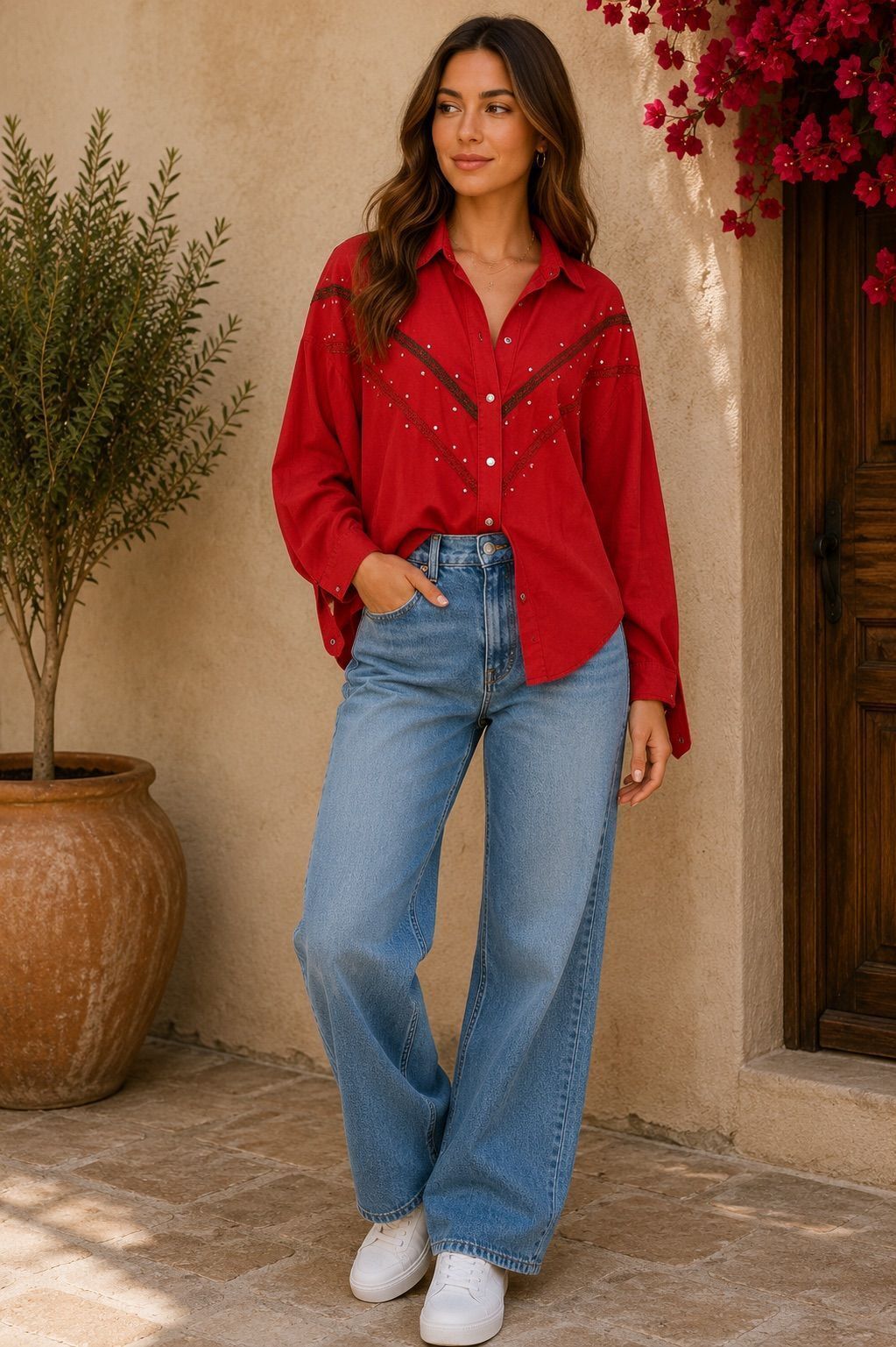 Vintage IIF Red Western Rhinestone Button-Front Shirt