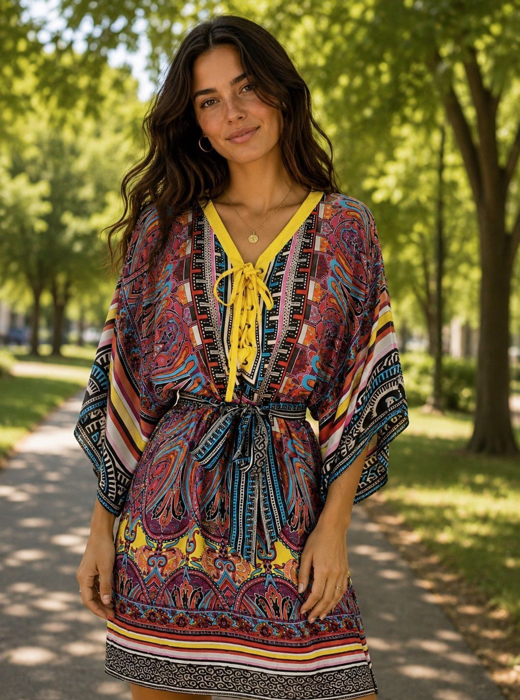 Cache Silk Multicolor Paisley Kaftan Dress