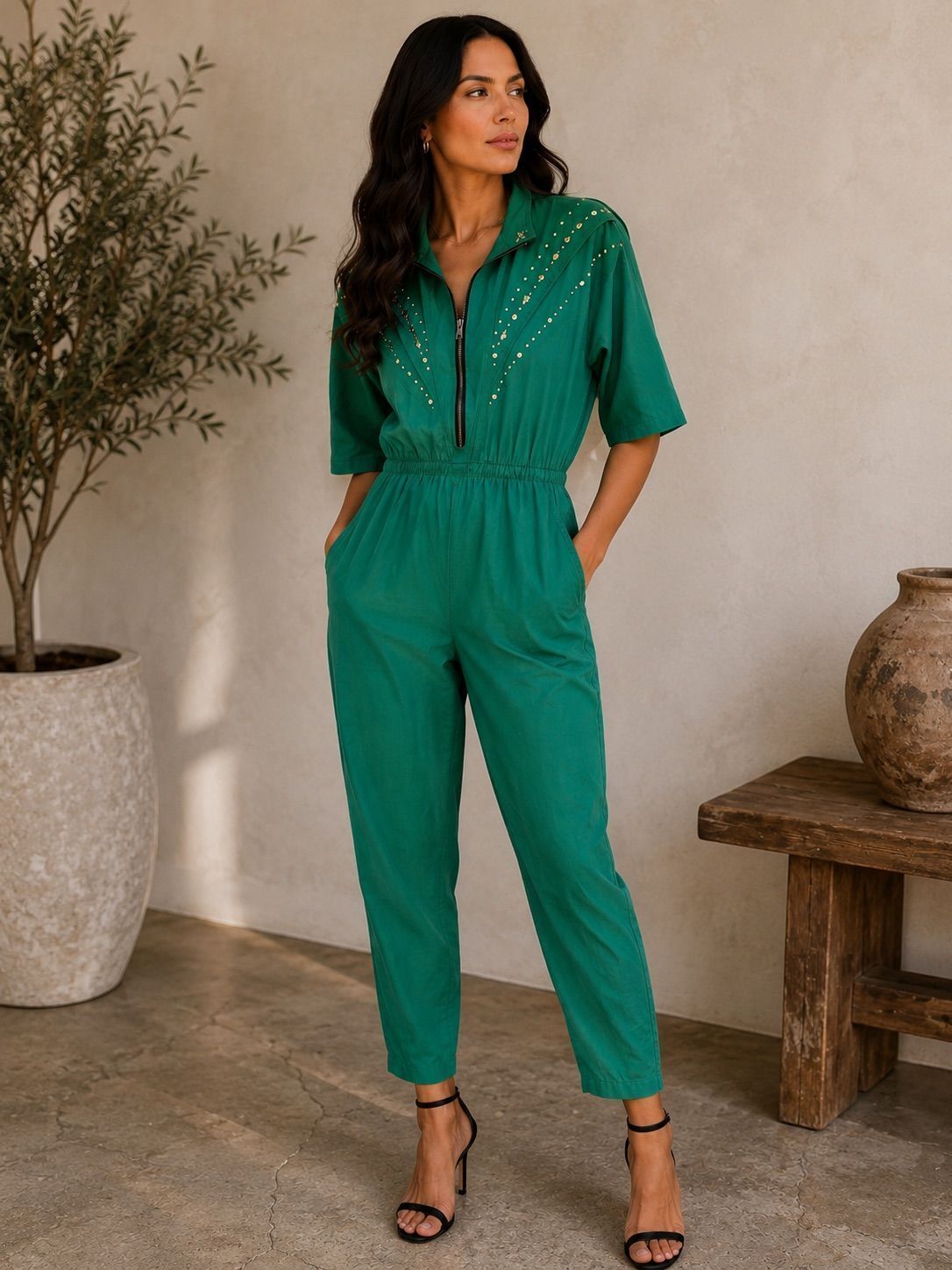 Vintage Rio Embellished Teal Jumpsuit