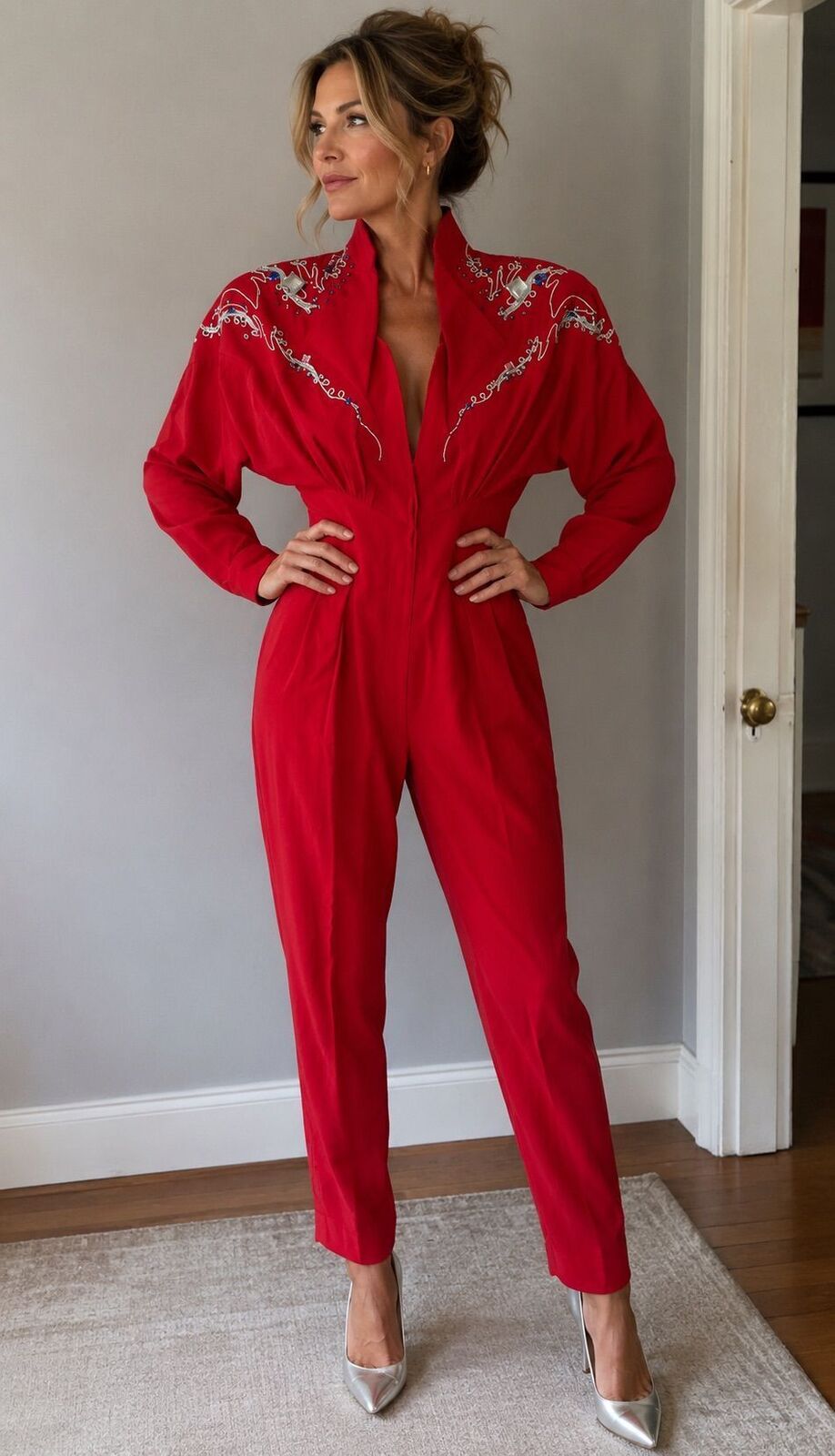 Vintage Red Western Embroidered Jumpsuit